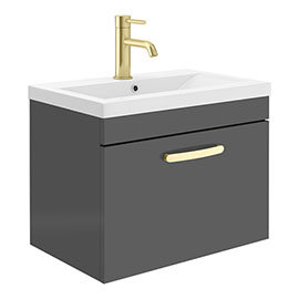 Brooklyn 600mm Gloss Grey Wall Hung 1-Drawer Vanity Unit with Brushed Brass Handle Medium Image