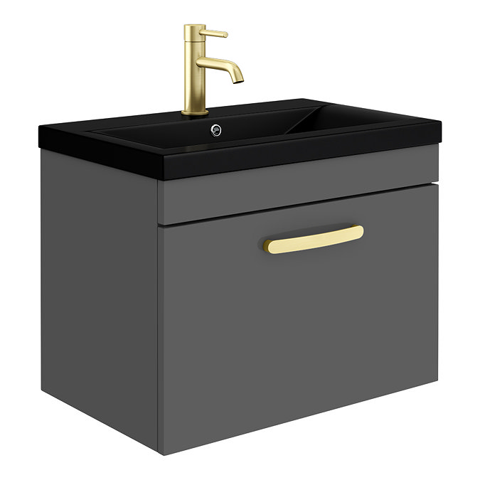 Brooklyn 600mm Gloss Grey Wall Hung 1-Drawer Vanity Unit with Matt Black Basin + Brass Handle Large