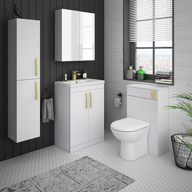 Brooklyn 600mm Gloss White Vanity Unit with Brushed Brass Handles  Standard Large Image