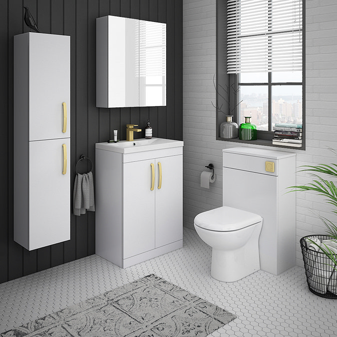 Brooklyn 600mm Gloss White Vanity Unit with Brushed Brass Handles Standard Large Image