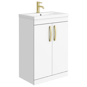 Brooklyn 600mm Gloss White Vanity Unit with Brushed Brass Handles  Profile Large Image