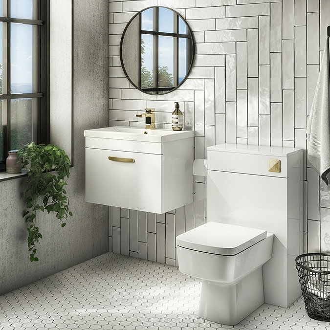 Brooklyn 600mm Gloss White Wall Hung Vanity Unit - Single Drawer With Brushed Brass Handle