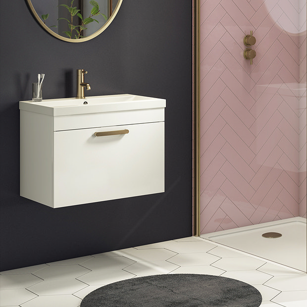 Brooklyn 600mm Gloss White Wall Hung 1-Drawer Vanity Unit with Brushed Brass Handle  Standard Large Image