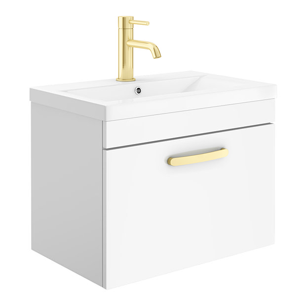 Brooklyn 600mm Gloss White Wall Hung 1-Drawer Vanity Unit with Brushed Brass Handle Large Image