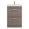 Brooklyn 600mm Grey Avola Vanity Unit - Floor Standing 2 Drawer Unit with Brushed Brass Handles