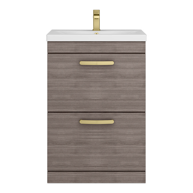 Brooklyn 600mm Grey Avola Vanity Unit - Floor Standing 2 Drawer Unit with Brushed Brass Handles