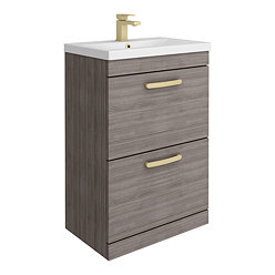 Brooklyn 600mm Grey Avola Vanity Unit - Floor Standing 2 Drawer Unit with Brushed Brass Handles