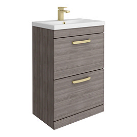 Brooklyn 600mm Grey Avola Vanity Unit - Floor Standing 2 Drawer Unit with Brushed Brass Handles