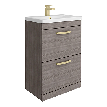 Brooklyn 600mm Grey Avola Vanity Unit - Floor Standing 2 Drawer Unit with Brushed Brass Handles