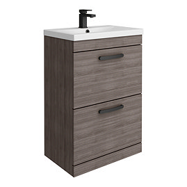 Brooklyn 600mm Grey Avola Vanity Unit - Floor Standing 2 Drawer Unit with Matt Black Handles