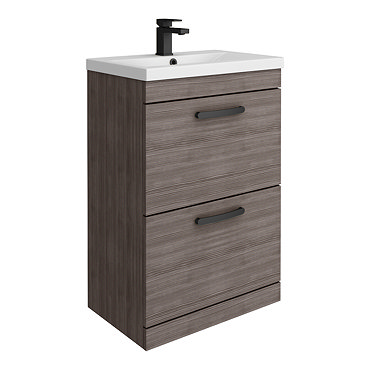 Brooklyn 600mm Grey Avola Vanity Unit - Floor Standing 2 Drawer Unit with Matt Black Handles