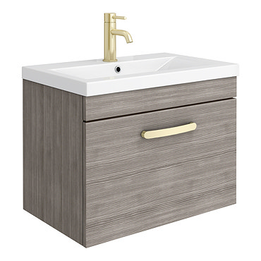 Brooklyn 600mm Grey Avola Wall Hung 1-Drawer Vanity Unit with Brushed Brass Handle  Profile Large Im