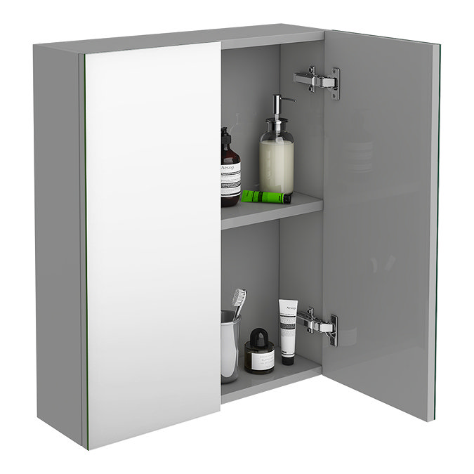 Brooklyn 600mm Grey Mist Bathroom Mirror Cabinet - 2 Door Standard Large Image