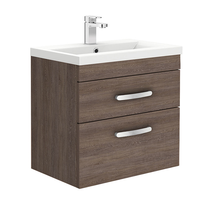Brooklyn 600mm Mid Oak Wall Hung Double Drawer Vanity Unit Large Image