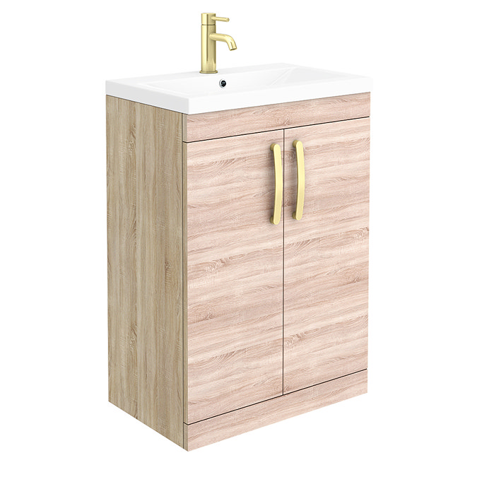 Brooklyn 600mm Natural Oak Vanity Unit with Brushed Brass Handles Large Image