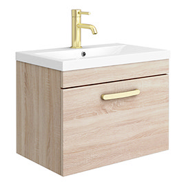 Brooklyn 600mm Natural Oak Wall Hung 1-Drawer Vanity Unit with Brushed Brass Handle Medium Image
