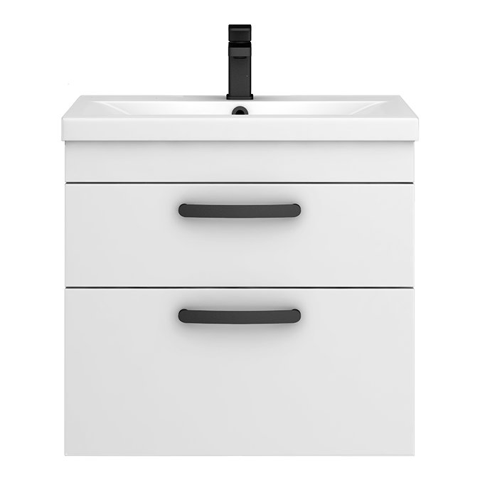 Brooklyn 600mm White Gloss Wall Hung Vanity Unit - 2 Drawer with Matt Black Handles