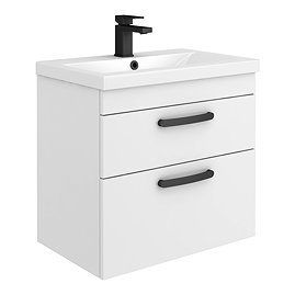 Brooklyn 600mm White Gloss Wall Hung Vanity Unit - 2 Drawer with Matt Black Handles