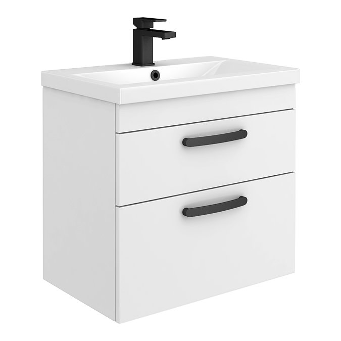 Brooklyn 600mm White Gloss Wall Hung Vanity Unit - 2 Drawer with Matt Black Handles