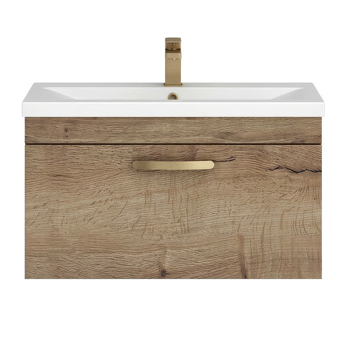 Brooklyn 800mm Brown Oak Wall Hung Vanity Unit - Single Drawer with Brushed Brass Handle