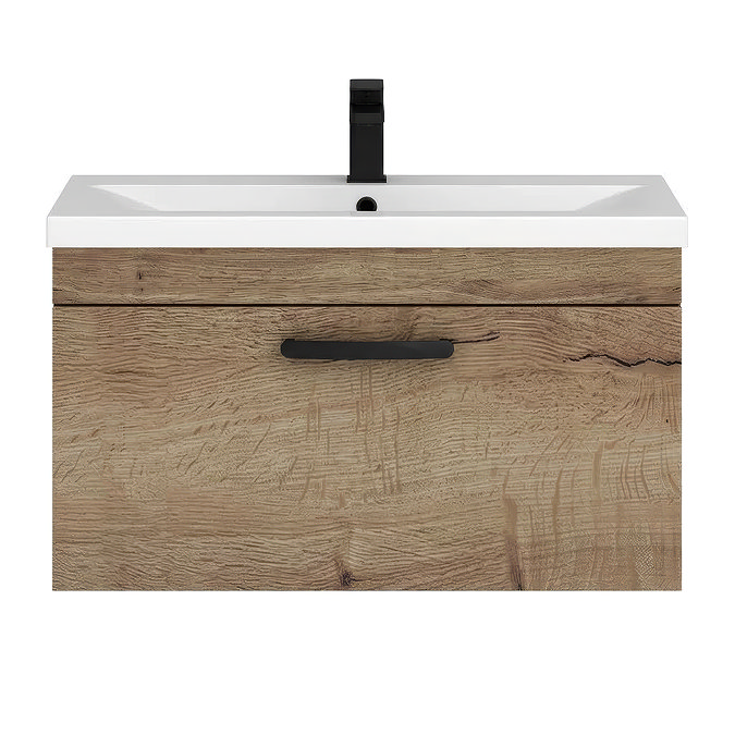 Brooklyn 800mm Brown Oak Wall Hung Vanity Unit - Single Drawer With Matt Black Handle