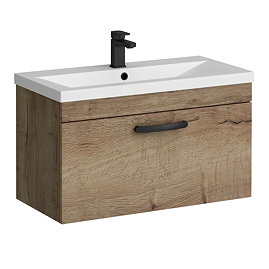 Brooklyn 800mm Brown Oak Wall Hung Vanity Unit - Single Drawer With Matt Black Handle