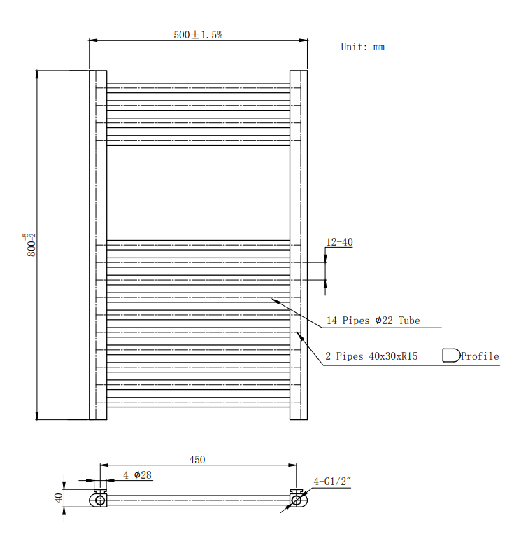 Brooklyn 800 x 500mm Black Nickel Straight Heated Towel Rail