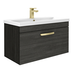 Brooklyn 800mm Black Wall Hung Vanity Unit - Single Drawer with Brushed Brass Handle
