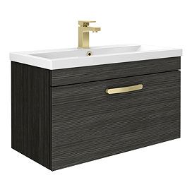 Brooklyn 800mm Black Wall Hung Vanity Unit - Single Drawer with Brushed Brass Handle