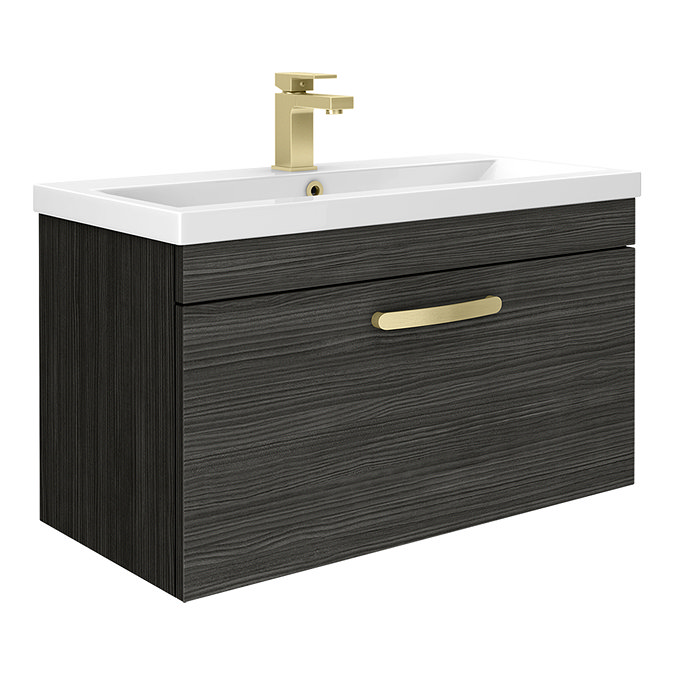 Brooklyn 800mm Black Wall Hung Vanity Unit - Single Drawer with Brushed Brass Handle