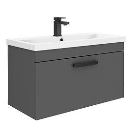 Brooklyn 800mm Gloss Grey Wall Hung Vanity Unit - Single Drawer with Matt Black Handle