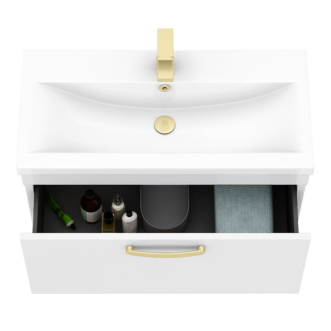 Brooklyn 800mm White Gloss Wall Hung Vanity Unit - Single Drawer with Brushed Brass Handle