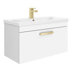 Brooklyn 800mm White Gloss Wall Hung Vanity Unit - Single Drawer with Brushed Brass Handle
