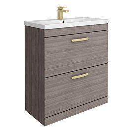 Brooklyn 800mm Grey Avola Vanity Unit - Floor Standing 2 Drawer Unit with Brushed Brass Handles