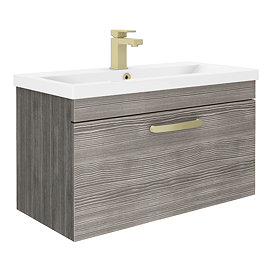 Brooklyn 800mm Grey Avola Wall Hung Vanity Unit - Single Drawer with Brushed Brass Handle