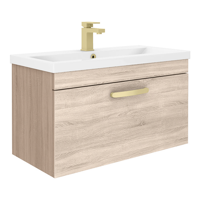 Brooklyn 800mm Natural Oak Wall Hung Vanity Unit - Single Drawer with Brushed Brass Handle