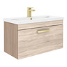 Brooklyn 800mm Natural Oak Wall Hung Vanity Unit - Single Drawer with Brushed Brass Handle