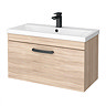 Brooklyn 800mm Natural Oak Wall Hung Vanity Unit - Single Drawer with Matt Black Handle