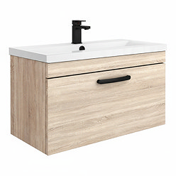 Brooklyn 800mm Natural Oak Wall Hung Vanity Unit with Matt Black Handle - Single Drawer