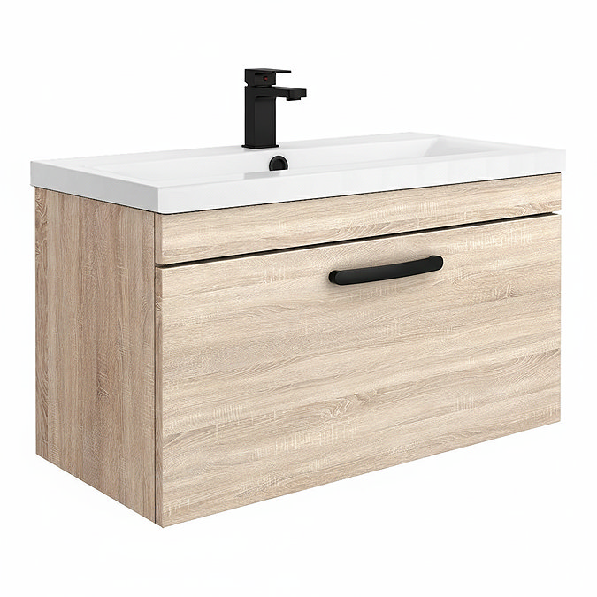 Brooklyn 800mm Natural Oak Wall Hung Vanity Unit with Matt Black Handle - Single Drawer