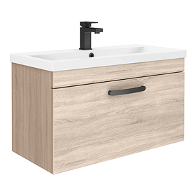 Brooklyn 800mm Natural Oak Wall Hung Vanity Unit - Single Drawer with Matt Black Handle