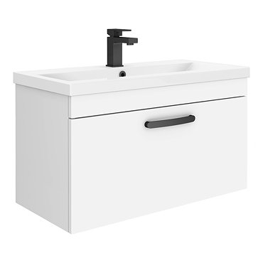 Brooklyn 800mm White Gloss Wall Hung Vanity Unit - Single Drawer with Matt Black Handle