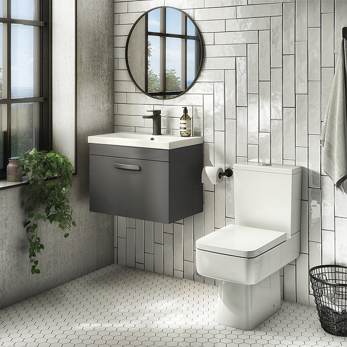 Brooklyn Bathroom Suite - Gloss Grey with Chrome Handle - 500mm Wall Hung Vanity & Toilet  Large Ima