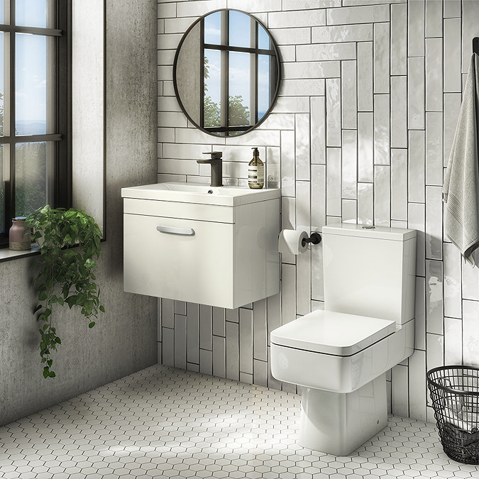 Brooklyn Bathroom Suite - Gloss White with Chrome Handle - 500mm Wall Hung Vanity & Toilet Large Ima