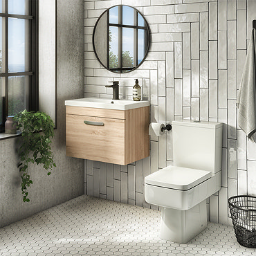 Brooklyn Bathroom Suite - Natural Oak with Chrome Handle - 500mm Wall Hung Vanity & Toilet  Profile 