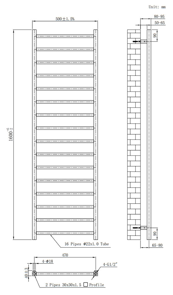 Brooklyn Black Nickel 1600 x 500mm Straight Heated Towel Rail