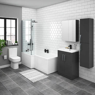 Brooklyn Gloss Grey L Shaped Bath Suite (with Vanity + Tall Cabinet)  Profile Large Image