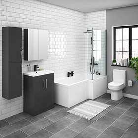 Brooklyn RH Gloss Grey L Shaped Bath Suite (with Vanity + Tall Cabinet) Large Image