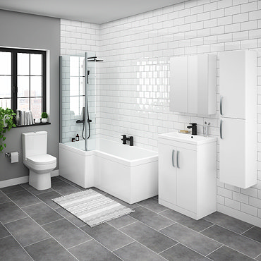Brooklyn Gloss White L Shaped Bath Suite (with Vanity + Tall Cabinet)  Profile Large Image
