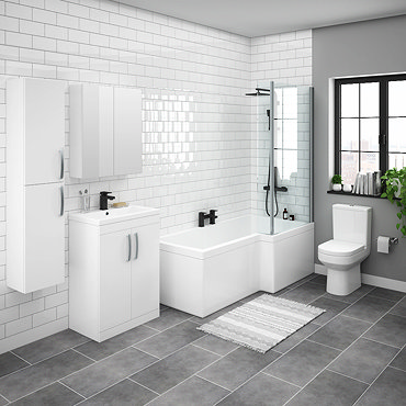 Brooklyn Gloss White L Shaped Bath Suite (with Vanity + Tall Cabinet)  Profile Large Image